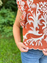Load image into Gallery viewer, Rust Flutter Embroidered Top
