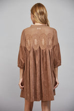 Load image into Gallery viewer, Mesh Yoke &amp; Lace Detail Faux Suede Babydoll Dress
