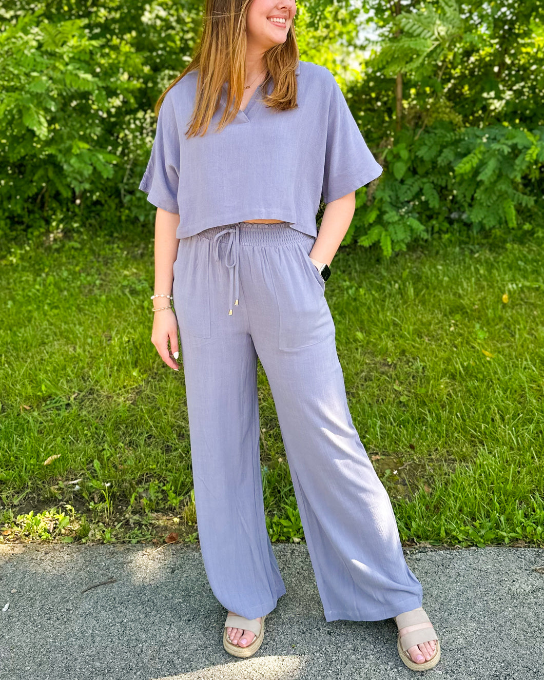 Soft Linen Smock Waist Wide Leg Pants