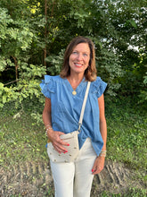 Load image into Gallery viewer, Denim Frilled V Neck Ruffle Top

