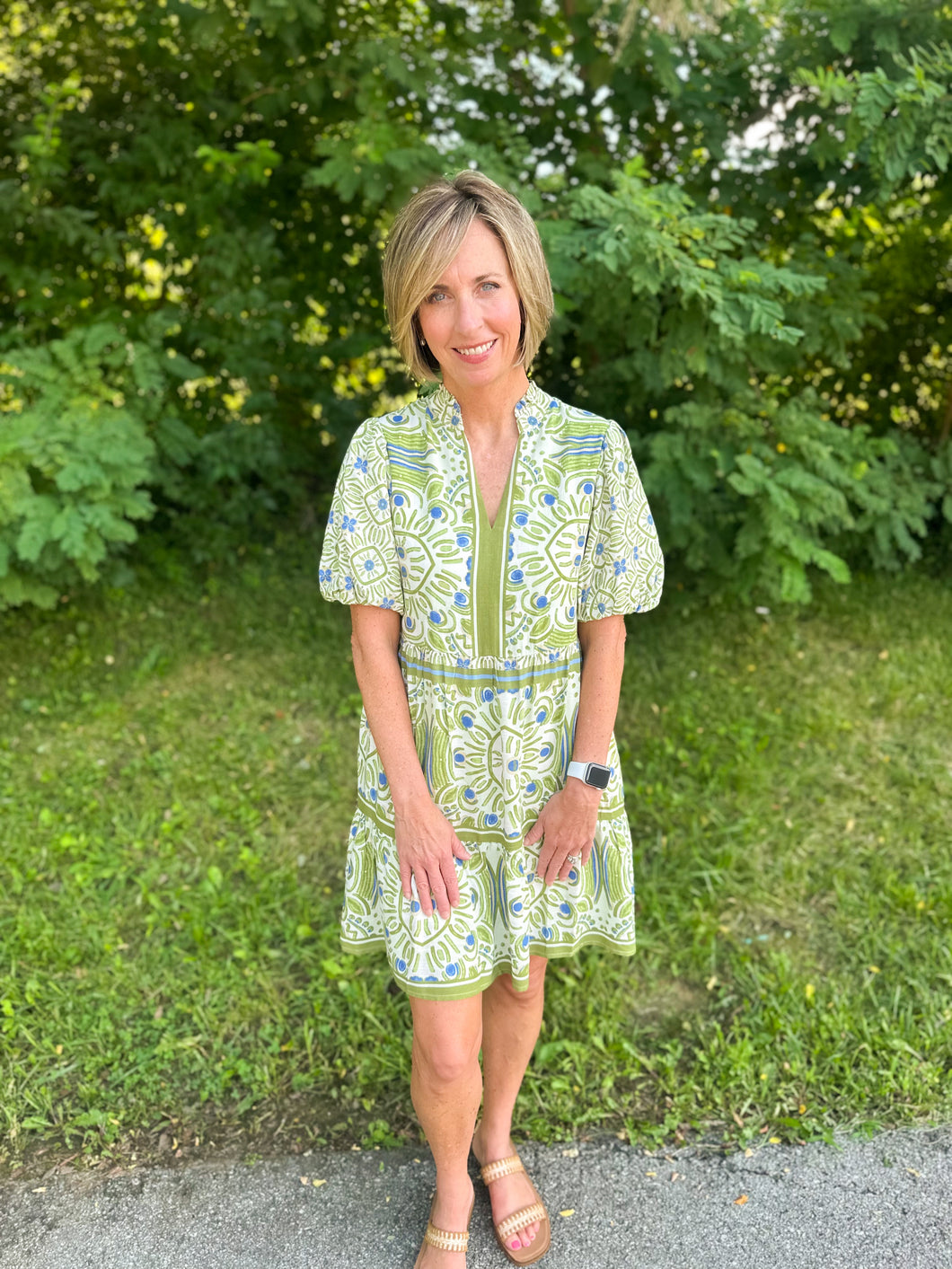 Green Geometric Print Puff Sleeve Print Dress