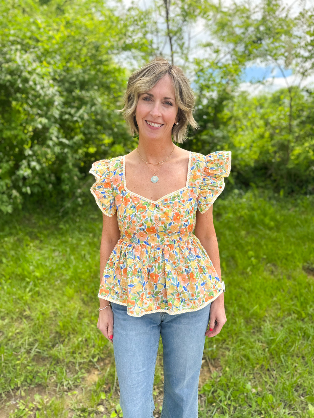Yellow Floral Ruffle Cap Sleeve Top