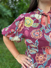 Load image into Gallery viewer, Burgundy Floral Detail Puff Sleeve Dress

