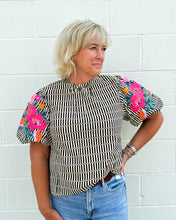 Load image into Gallery viewer, Embroidered Puff Sleeve Striped Top
