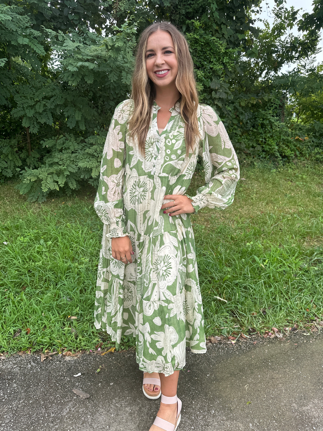 Green Floral Long Sleeve Tiered Midi Dress