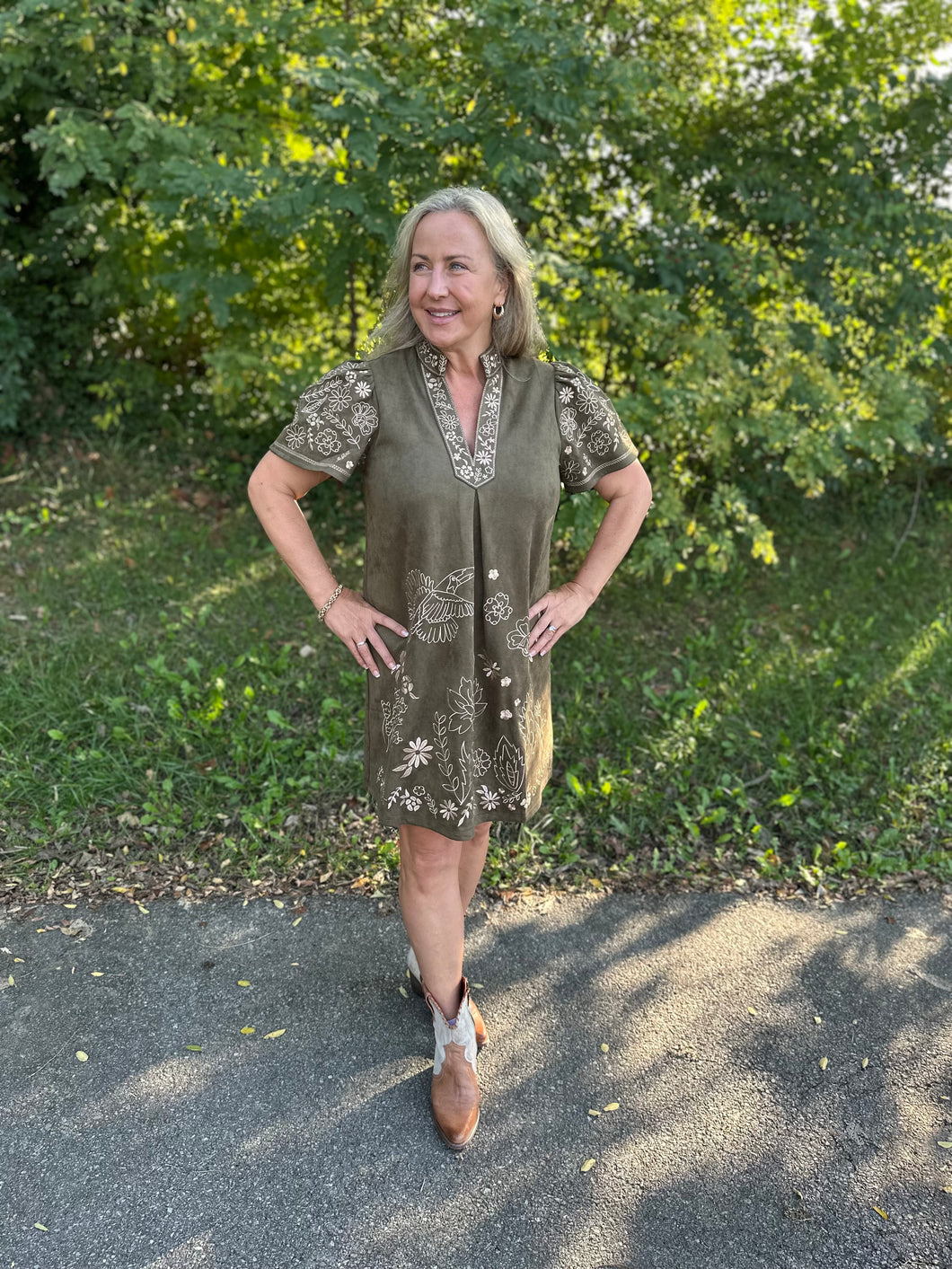 Olive Short Sleeve Embroidered Detail Dress