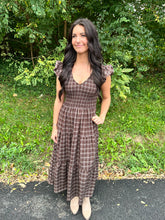 Load image into Gallery viewer, Plaid V Neck Smocked Tiered Midi Dress
