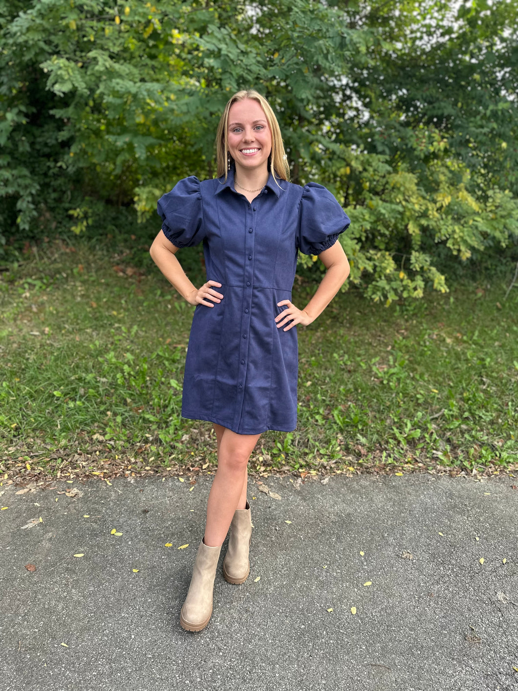 Puff Sleeve Button Up Suede Dress