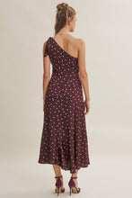 Load image into Gallery viewer, One Shoulder Polka Dot Satin Midi Dress
