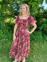 Load image into Gallery viewer, Burgundy Floral Polka Dot Tulle Puff Sleeve Dress

