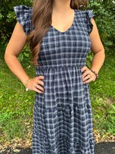 Load image into Gallery viewer, Plaid V Neck Smocked Tiered Midi Dress
