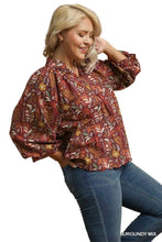 Load image into Gallery viewer, Burgundy Botanical Puff Sleeve Top
