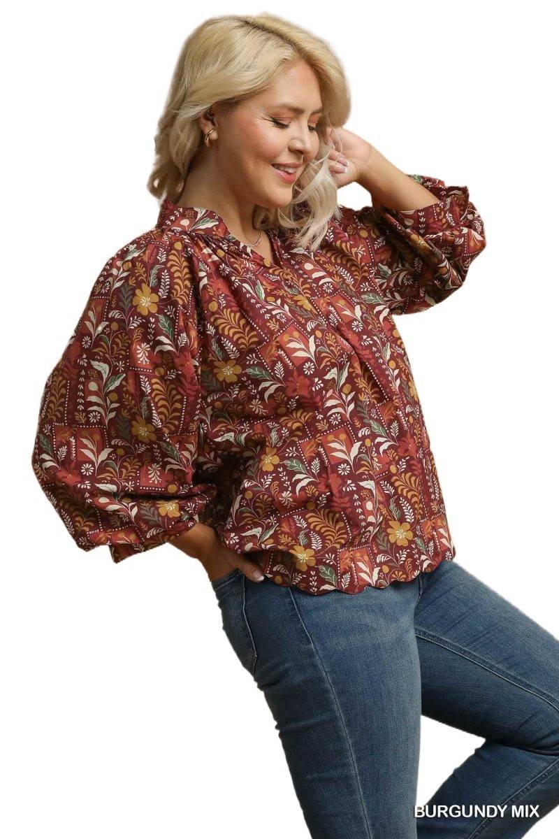 Burgundy Botanical Puff Sleeve Top