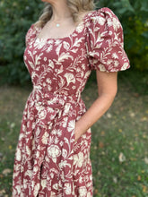 Load image into Gallery viewer, Burgundy Floral Square Neck Midi Dress
