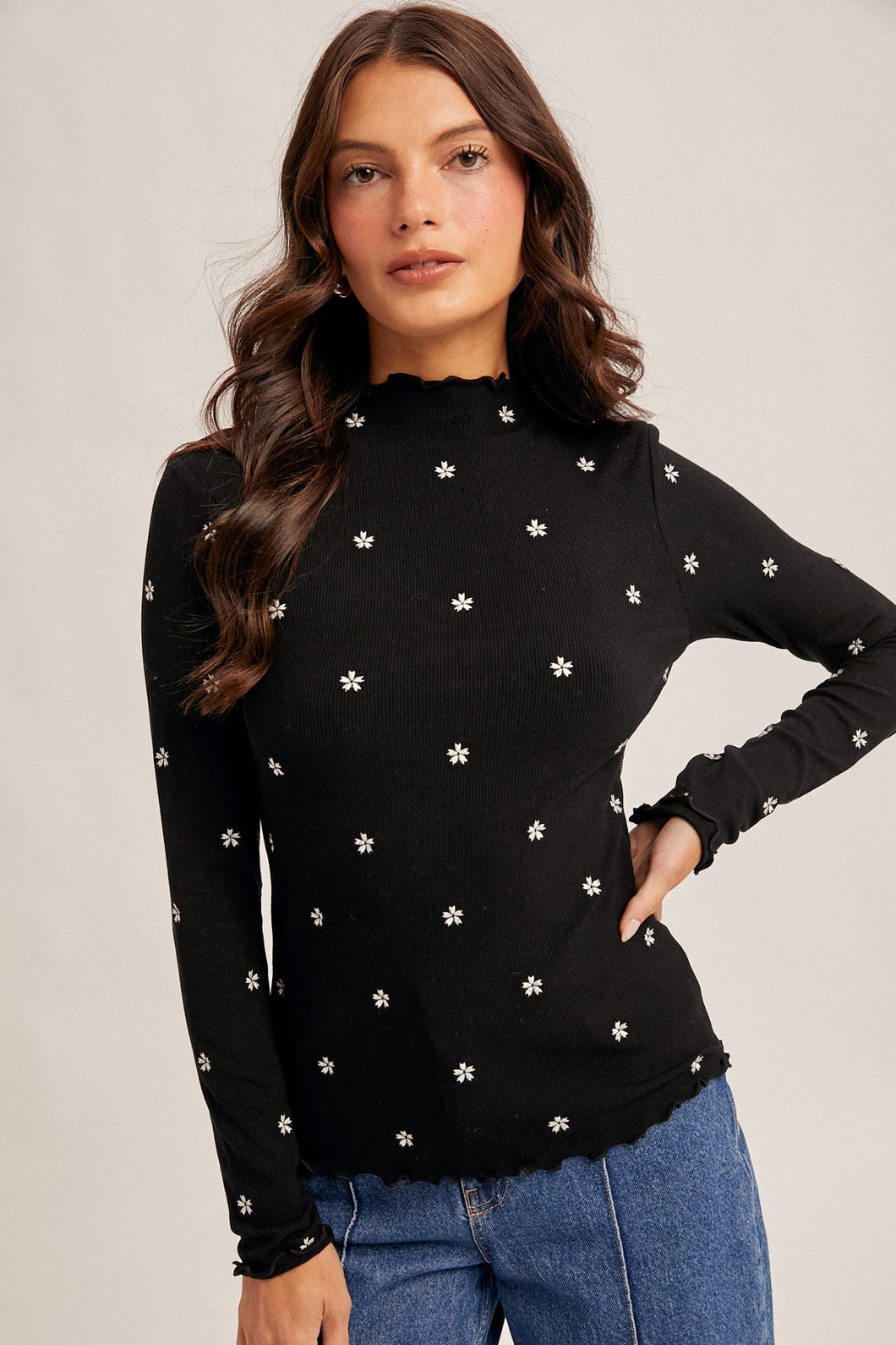 Flower Embroidered Mock Neck Rib Top