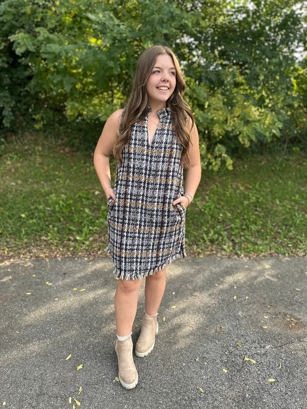 Sleeveless Plaid Tweed Dress