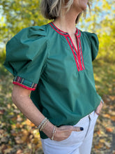 Load image into Gallery viewer, Holiday Plaid Trim V Neck Top
