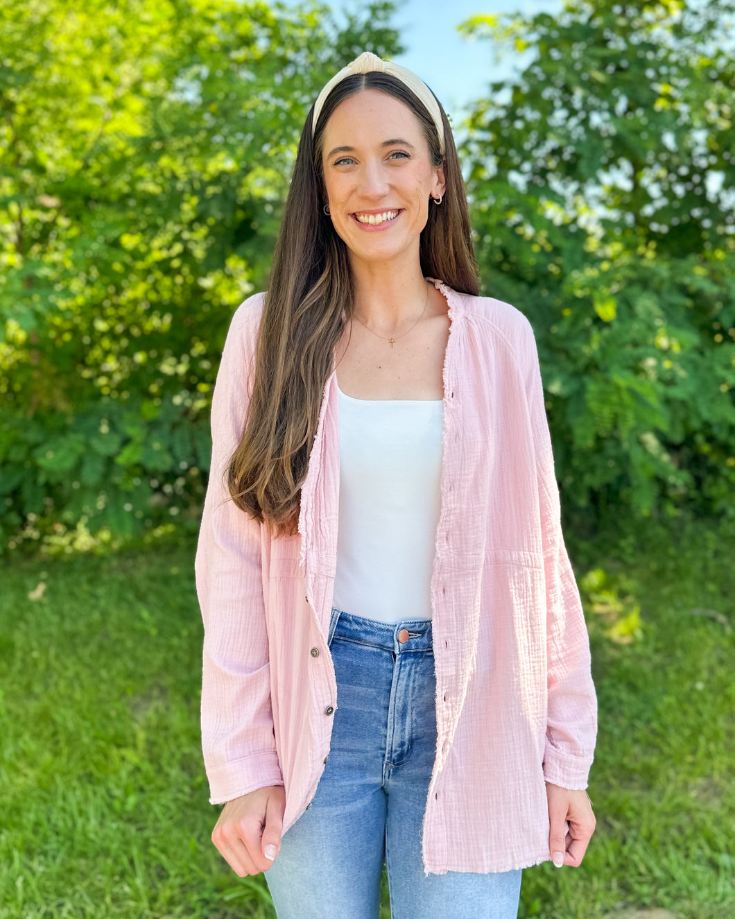 Pink Oversized Frayed Hem Crinkle Top