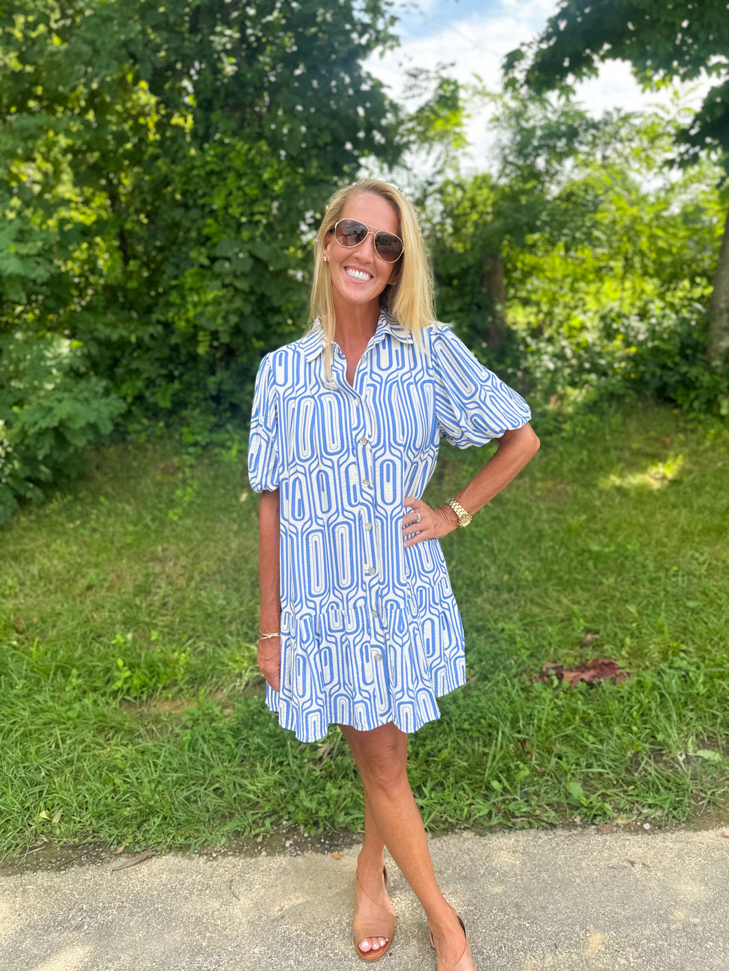 Blue Geometric Puff Sleeve Button Up Dress
