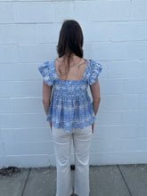 Load image into Gallery viewer, Light Blue Flutter Sleeve Eyelet Embroidered Top

