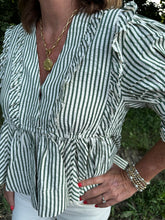 Load image into Gallery viewer, Olive Stripe Ruffle Detail Top
