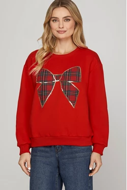 Plaid Bow Long Sleeve Top