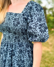 Load image into Gallery viewer, Blues Puff Sleeve Tiered Print Midi Dress
