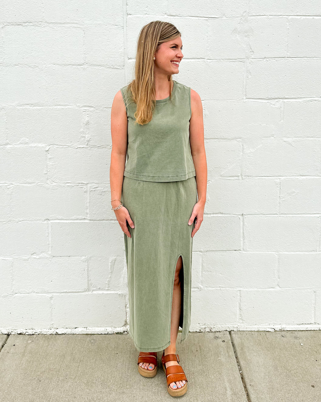 Washed Cotton Knit Tank and Skirt Set