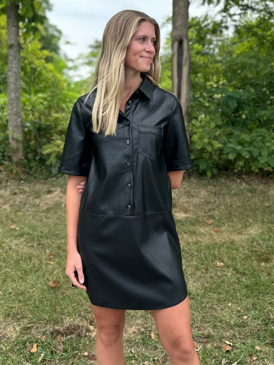 Black Short Sleeve Leather Dress