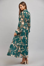 Load image into Gallery viewer, Floral &amp; Chain Print Chiffon Waist Tie Button Down Dress
