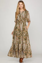 Load image into Gallery viewer, Half Flutter Sleeve Woven Print Tiered Maxi Dress
