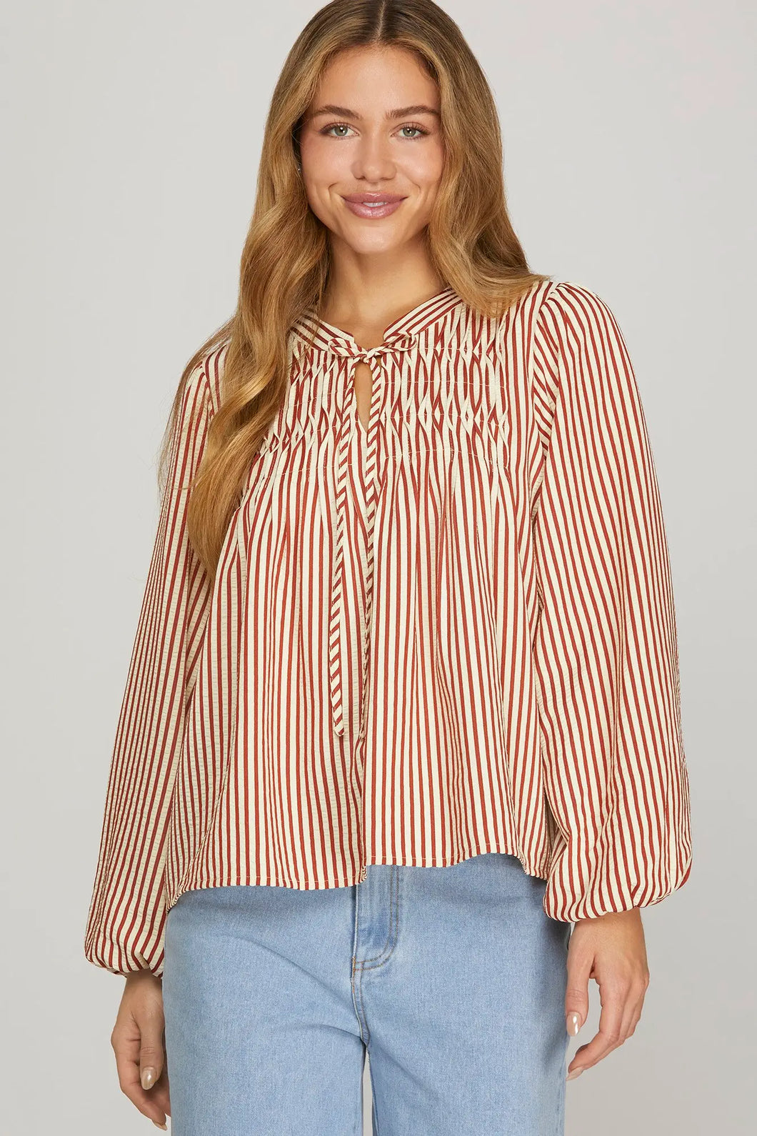 Brick Striped Long Sleeve Pintuck Top