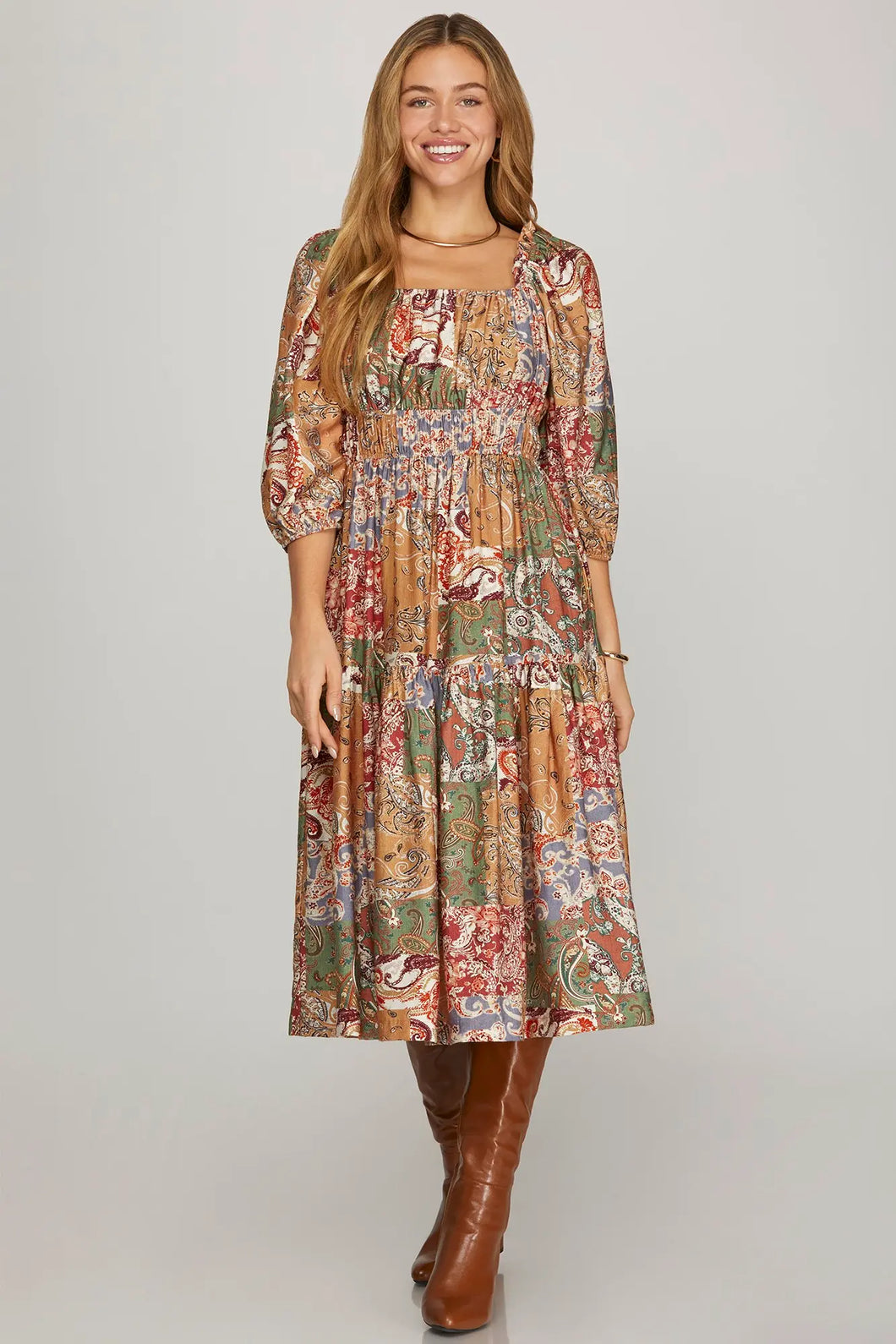 3/4 Sleeve Woven Print Midi Dress