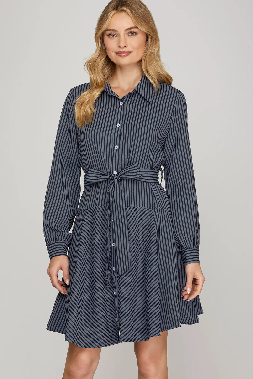 Navy Long Sleeve Button Down Striped Mini Dress
