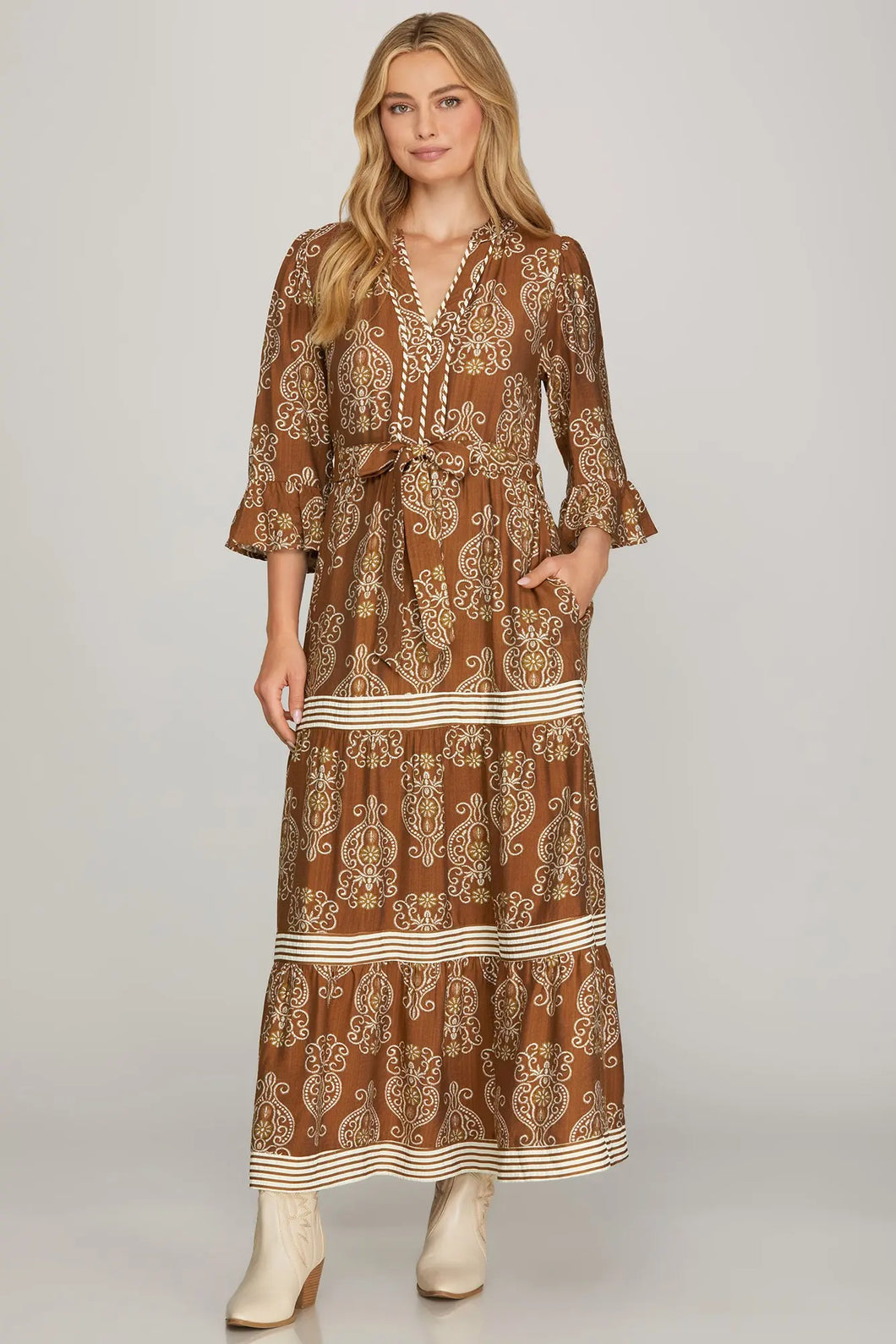 Ruffled Bell Sleeve Woven Maxi Dress