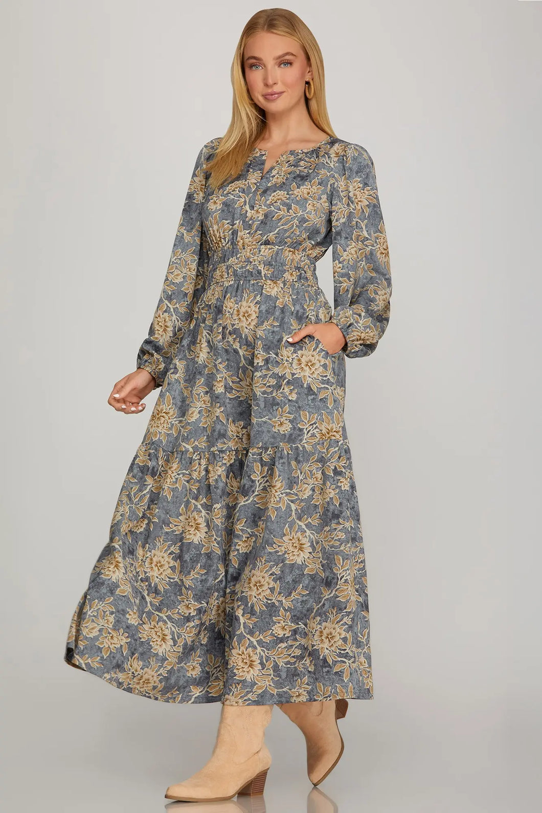 Dusty Blue Long Sleeve Woven Maxi Dress