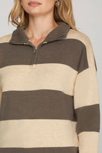 Load image into Gallery viewer, Mocha Striped Long Sleeve Half Zip Sweater
