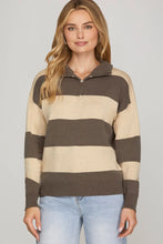Load image into Gallery viewer, Mocha Striped Long Sleeve Half Zip Sweater

