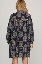 Load image into Gallery viewer, Long Sleeve Navy Woven Print Dress
