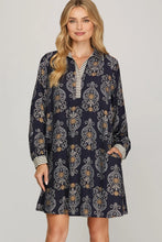 Load image into Gallery viewer, Long Sleeve Navy Woven Print Dress
