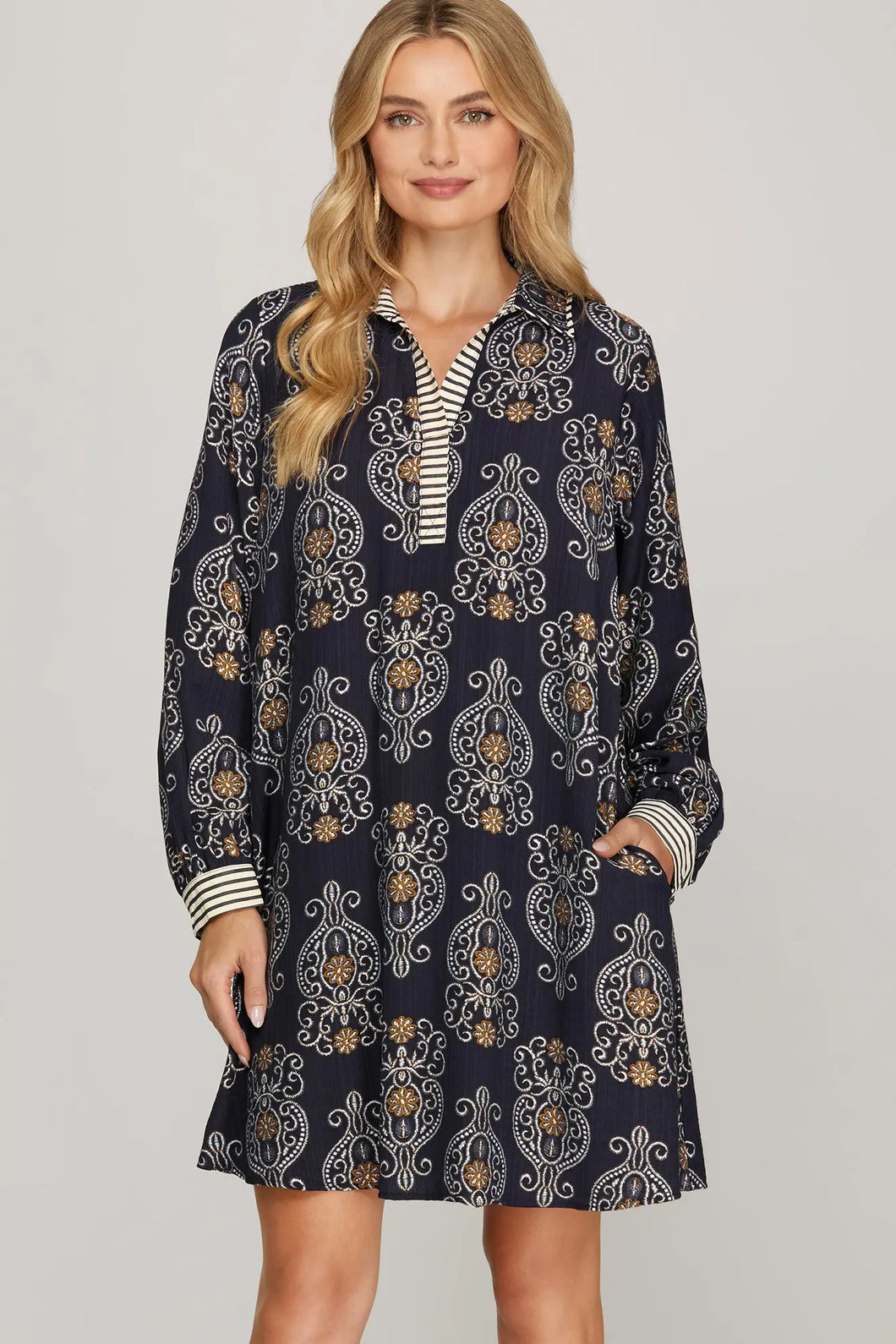 Long Sleeve Navy Woven Print Dress
