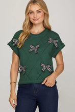 Load image into Gallery viewer, Green Drop Short Sleeve Checked Bow Sweater Top
