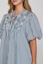 Load image into Gallery viewer, Puff Sleeve Pintuck Striped Woven Dress
