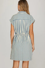 Load image into Gallery viewer, Drop Shoulder Collared Blue Stripe Mini Dress

