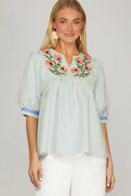 Load image into Gallery viewer, Blue Front Embroidered Stripe Top
