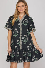 Load image into Gallery viewer, Ruffle Short Sleeve Woven Print Ruffled Placket Mini Dress
