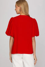 Load image into Gallery viewer, Red Pintuck Neck Tied Woven Top
