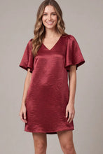 Load image into Gallery viewer, Satin V Neck Flutter Short Sleeve Dress
