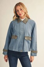 Load image into Gallery viewer, Long Sleeve Denim Jacket with Leopard Trim
