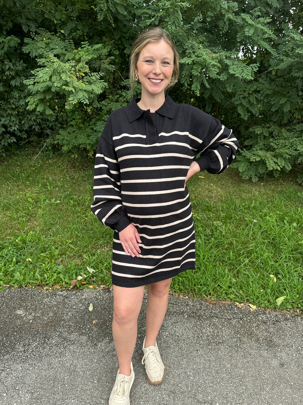 Long Sleeve Collared Stripe Sweater Dress